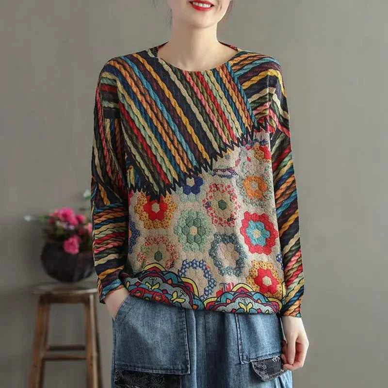 Women Vintage Casual Retro Striped Knit Sweater