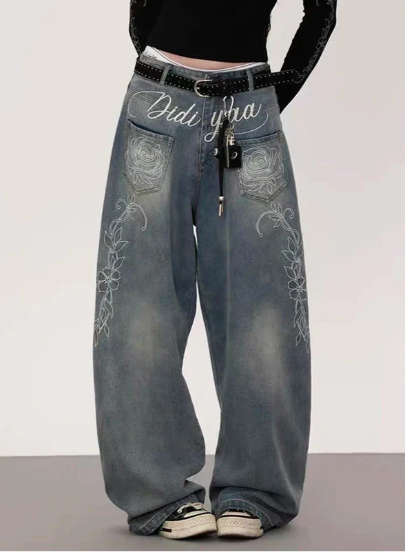 Flattering Y2K Japanese Baggy Blue Embroidered Jeans - Luxuryurbanwear