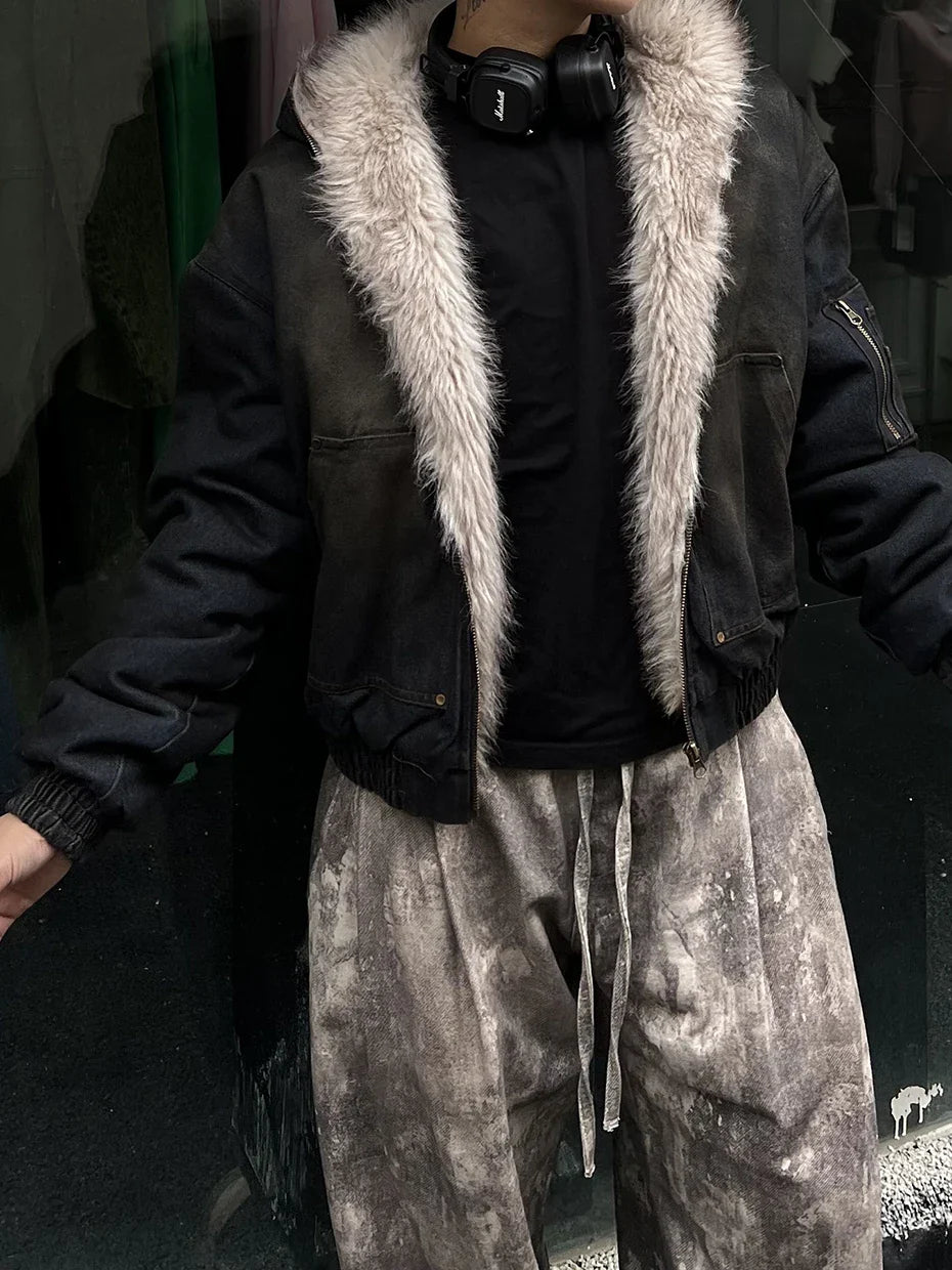 Coal Black Washed Fur Hooded Jacket
