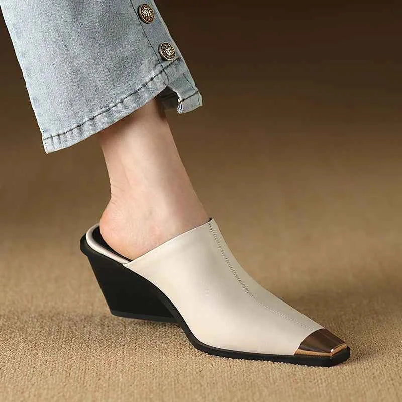LUW "Metal-Head" Genuine Leather Mules - Luxury Med-Heel Summer Wedges