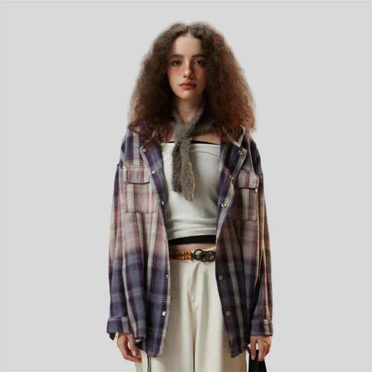Luxury Plaid Oversized Hooded Blouse Shirt
