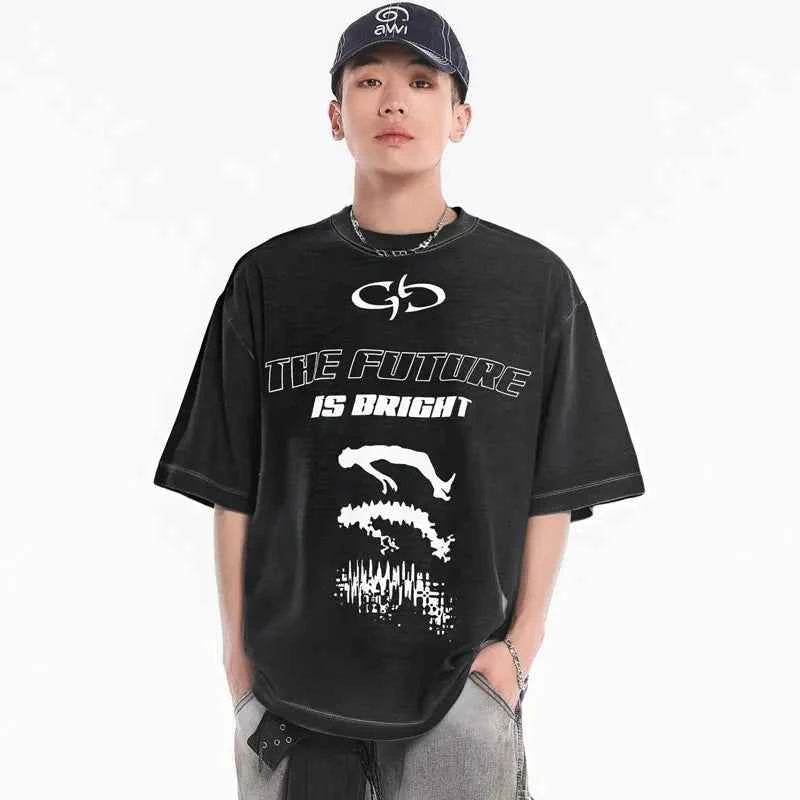 Trendy Grunge Hip Hop Graphic Printed Washed T-Shirt