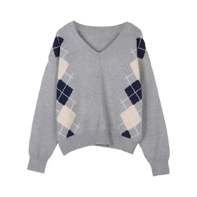 Women Vintage Argyle Gray Oversized Sweater