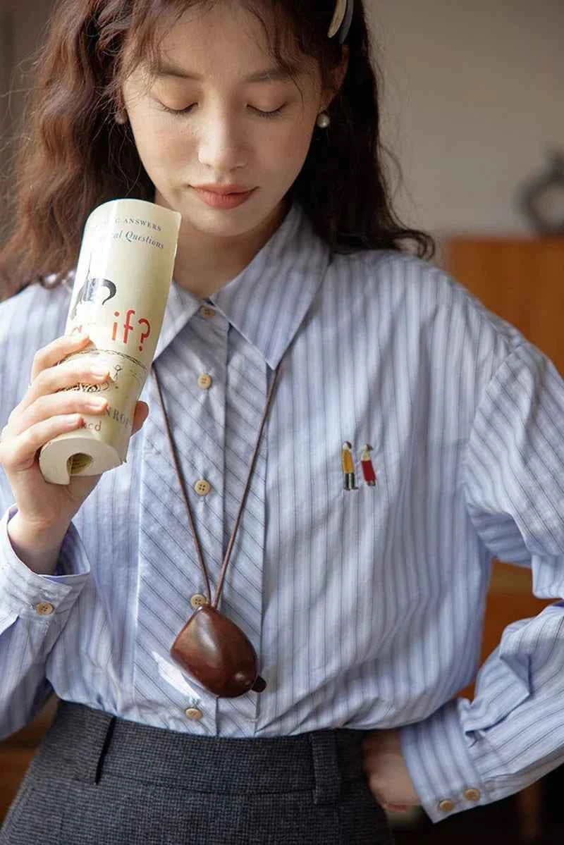 Women Classic Chic Vintage Striped Embroidered Shirt