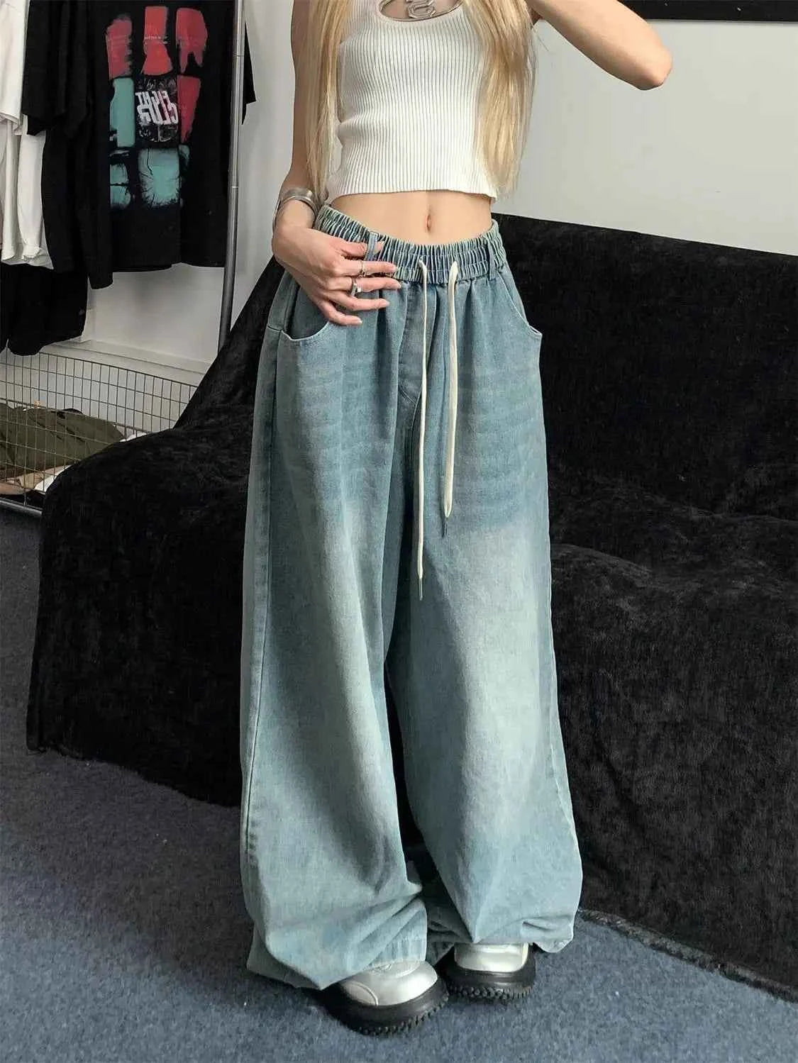 Women Elastic Straight Wide Leg Denim Jeans