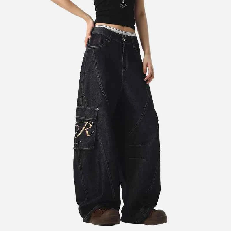 Streetwear Dark Blue Y2K Wash Wide Leg Cargo Jeans