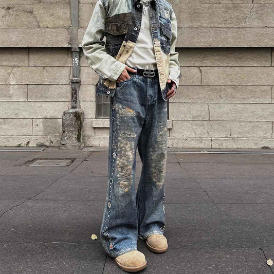 Vintage Digital Printed Distressed Jeans