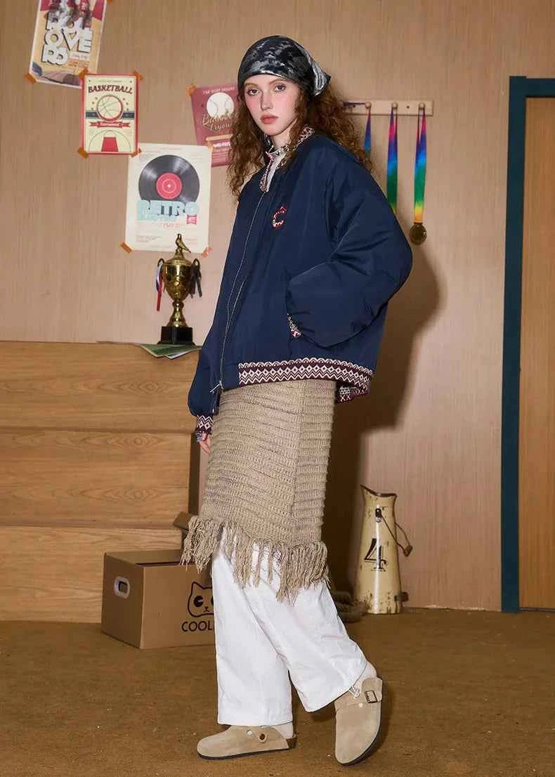 Y2K Ethnic Jacquard Winter Bomber Jacket