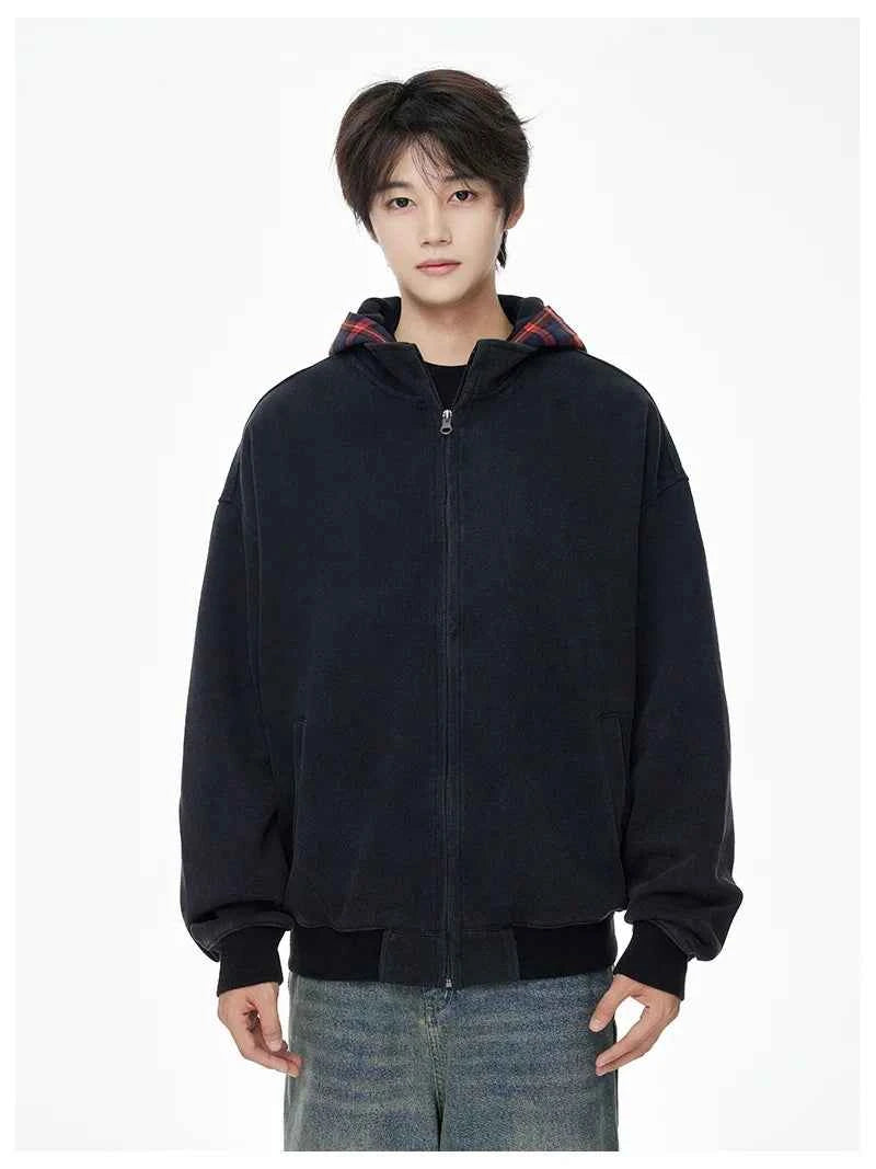 Vintage Streetwear Plaid Zipper Cool Hooded Sweatshirt