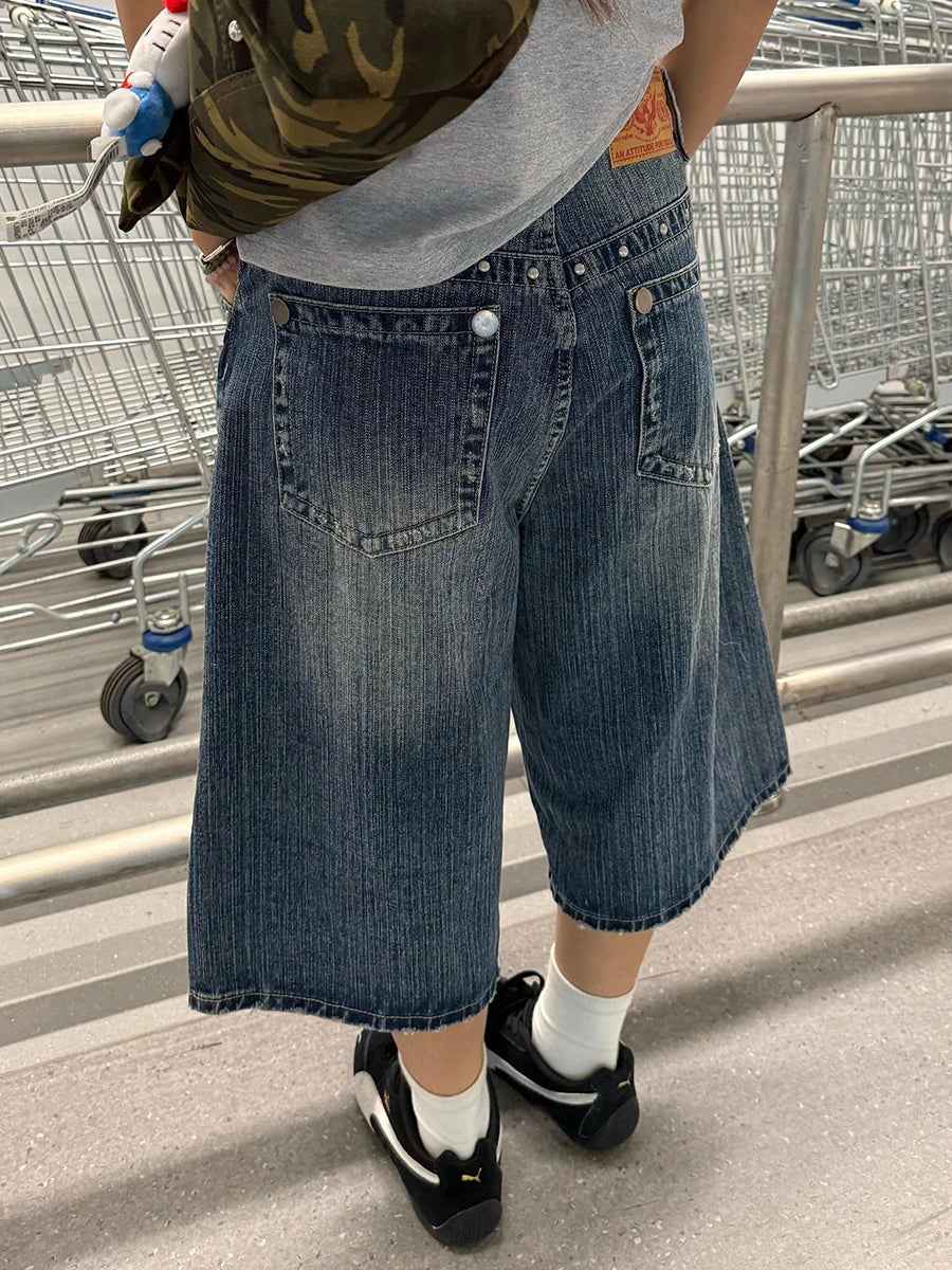 Streetwear Washed Punk Rivets Denim Jorts