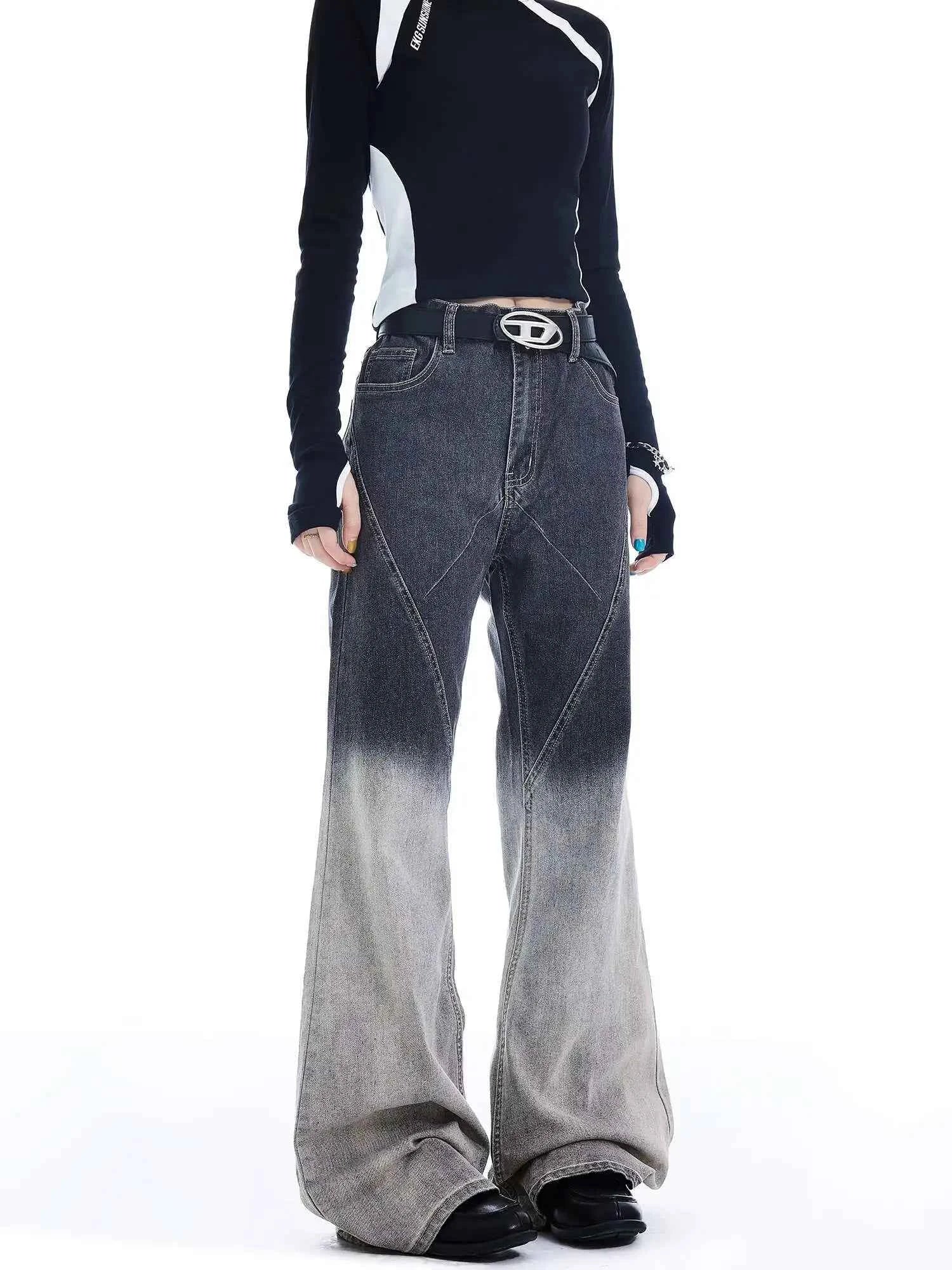 Gradient Color Patchwork Bootcut Denim Jeans