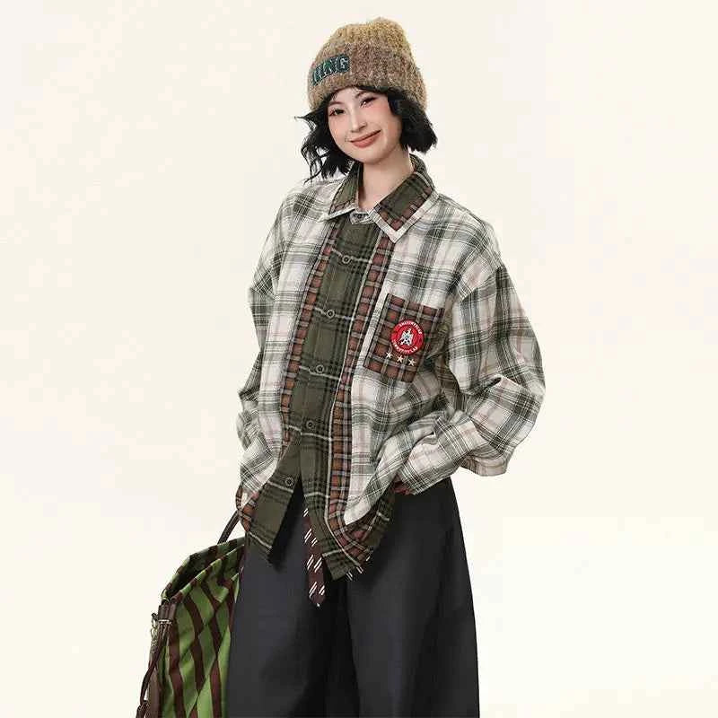 Checkered Patchwork Long Sleeve Shirt