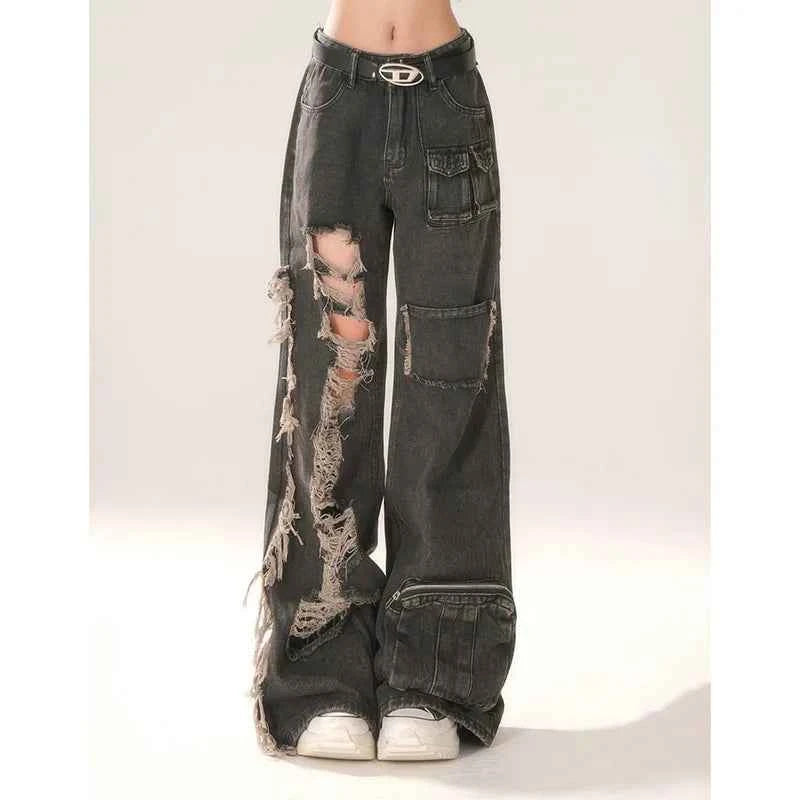 Vintage Black Cutting Ripped High Waist Jeans