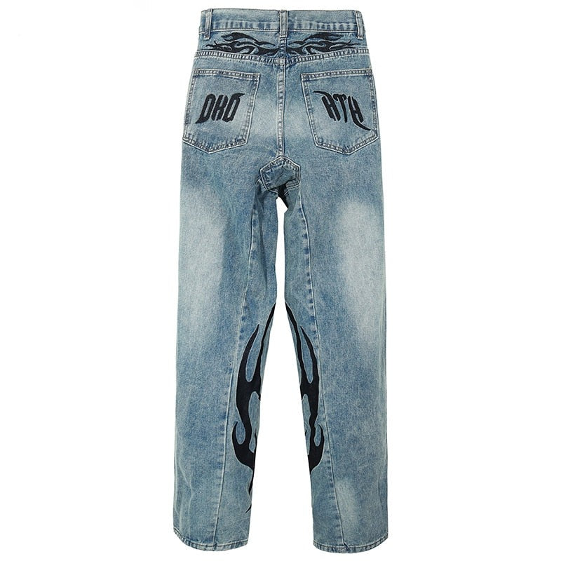 HTH Flame Embroidery Blue Denim Pants
