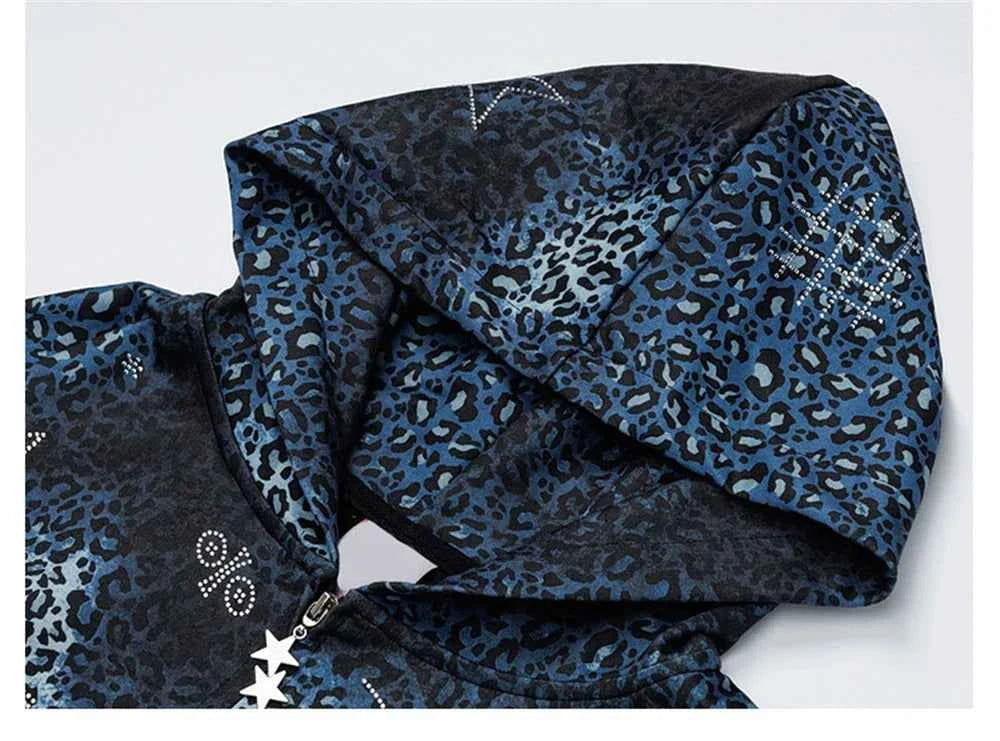 Insulated Leopard Rhinestone Zip-Up Hooded Sweatshirt