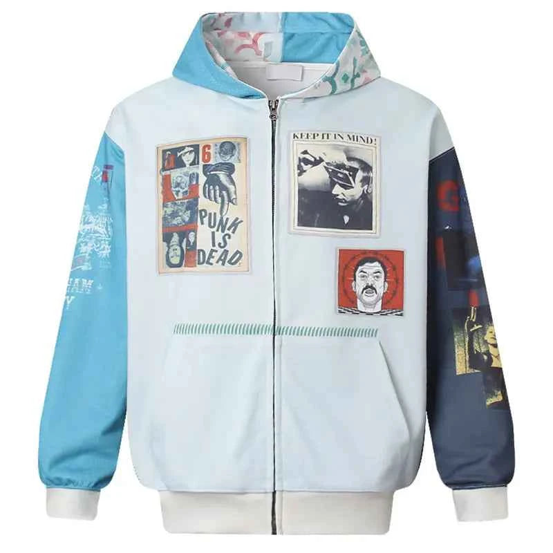 Vintage Grunge Graphic Printed Zip-Up Sweatshirt
