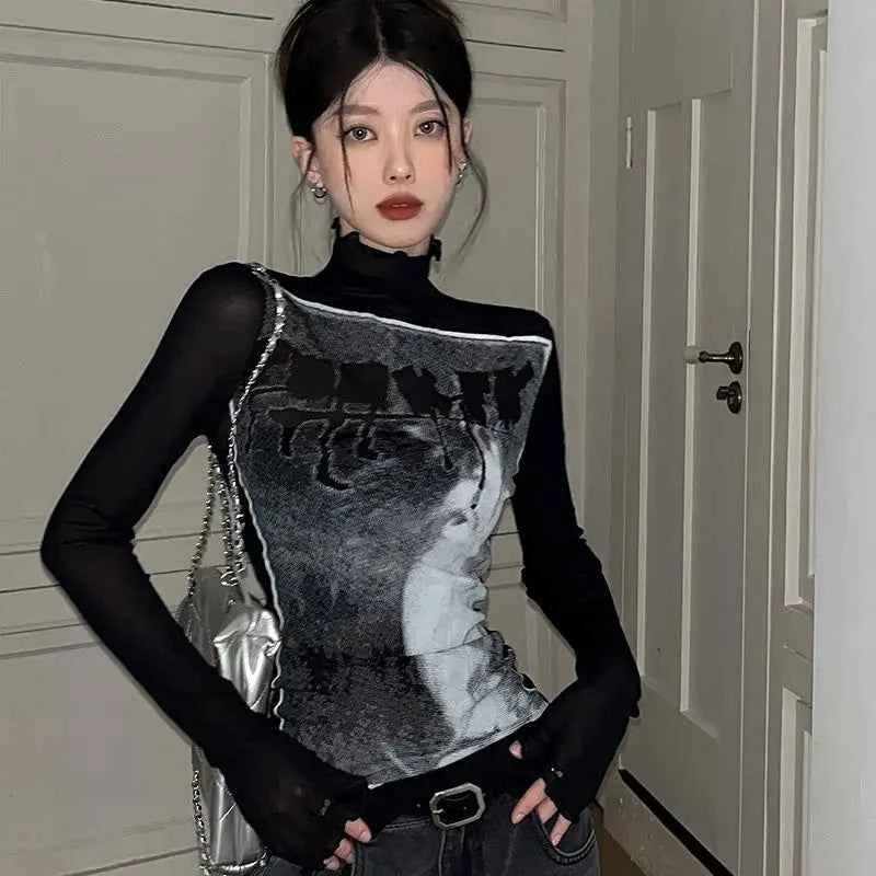 Vintage Mesh High Neck Long T-Shirt