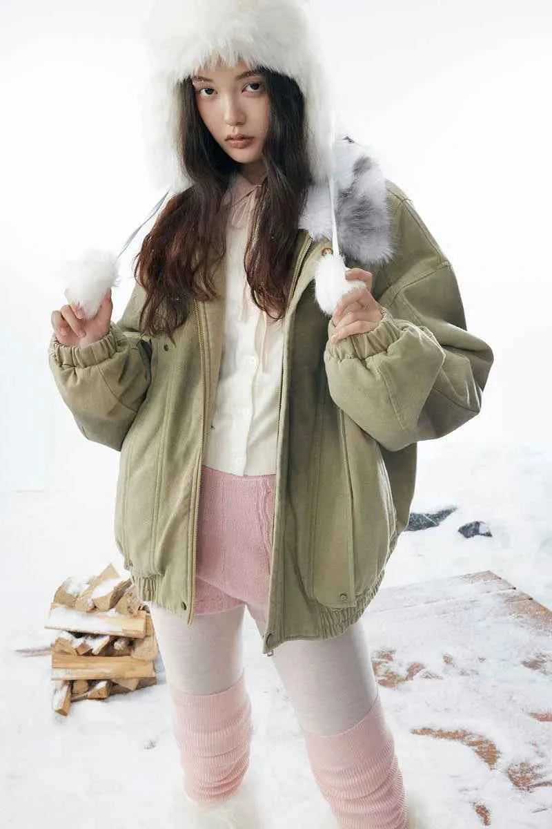 Travel-Essential Oversized Fur Stand Collar Parka Jacket