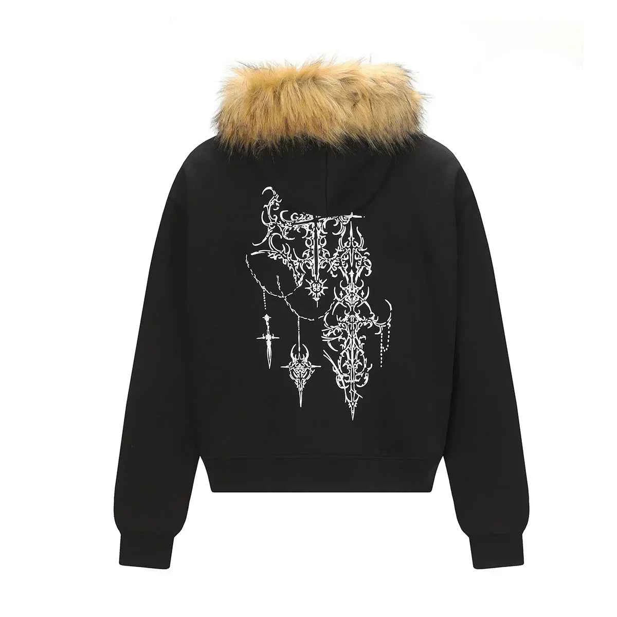 Y2K Retro Graffiti Zip-Up Fur-Collar Hooded Sweatshirt