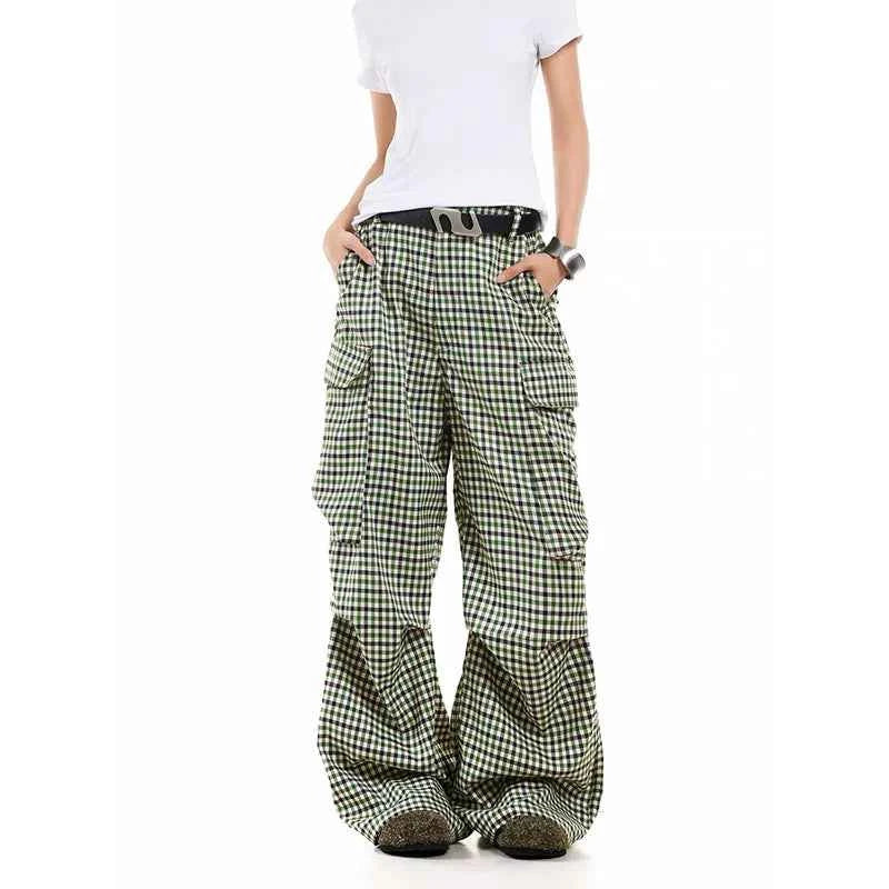 Fashionable Streetwear Plaid Loose Wide Leg Cargo Pants
