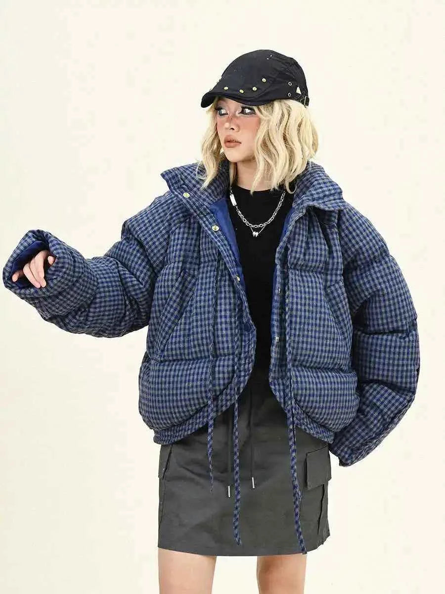 Plaid Vintage Style Oversize Zipper Puffer Jacket