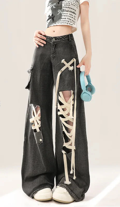Black Strap Ripped Wide Jeans - Luxuryurbanwear