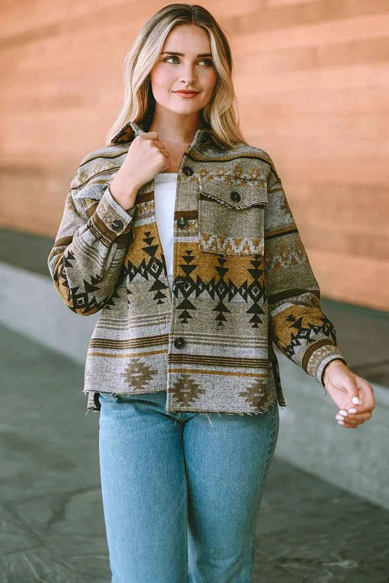 Brown Aztec Print Western Bomber Jacket