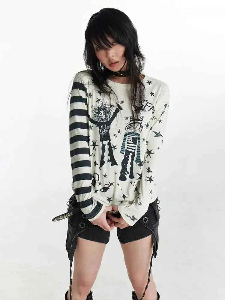 Gothic Patchwork Graphic Long Sleeve T-Shirt