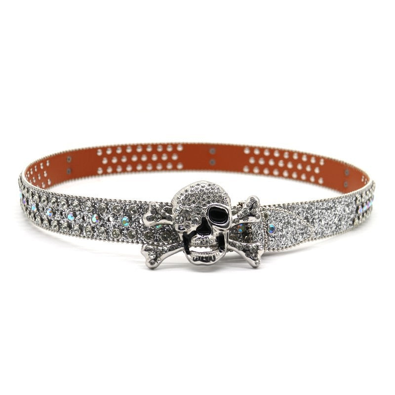 Skull Emblem Rhinestone Slim Belt - Y2K Grunge Aesthetic | LuxuryUrbanwear