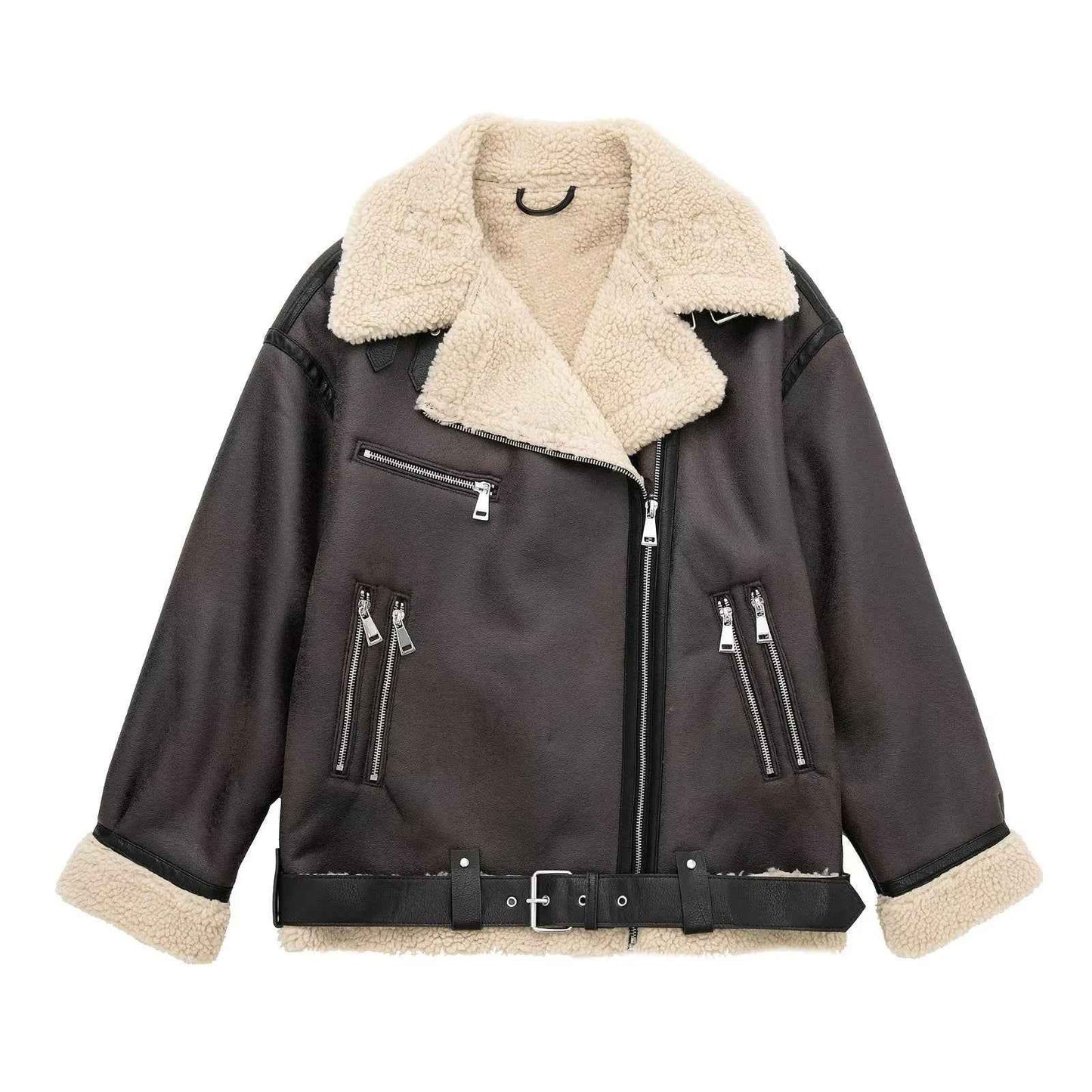 Clean Aesthetic Lapel Collar PU Leather Jacket