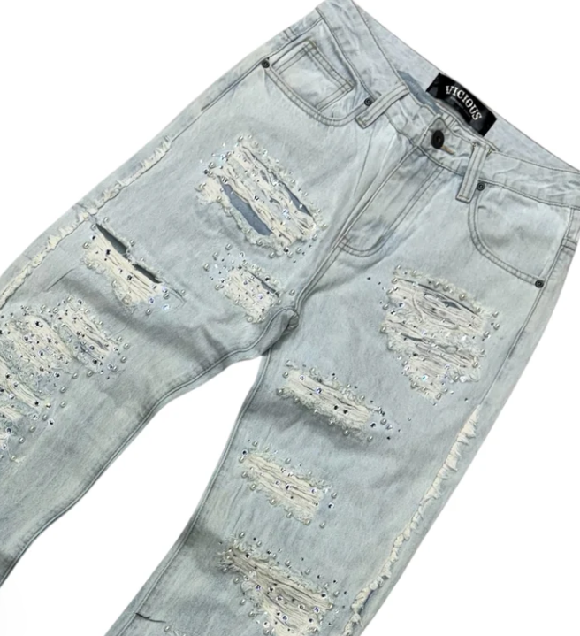 VICIOUS DENIM Jeans Distressed Rhinestone Light Wash