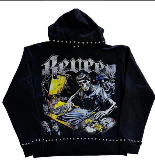REVEER Hoodie Graphic Print Studded Punk