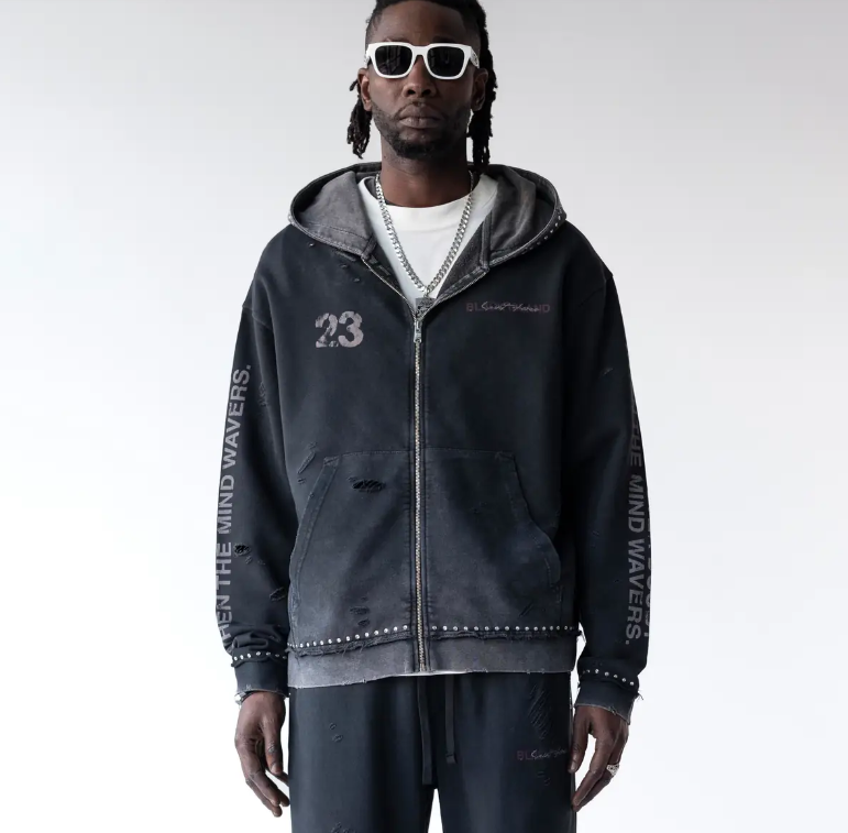 BLACK ISLAND Hoodie Studded Distressed ZipUp