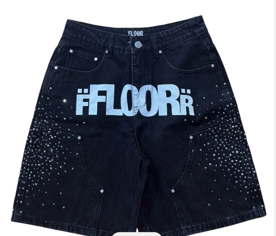 FLOOR-UNIFORM JEAN RHINESTONE SHORTS