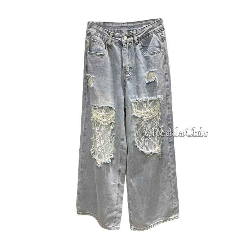 Women Retro Chic Lace Baggy Jeans