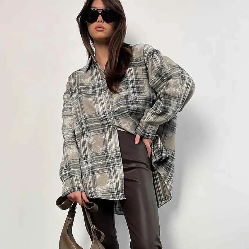 Fashionable Plaid Long Sleeve Casual Blouse Shirt