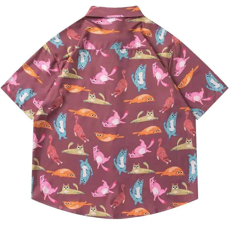 Flattering Funny Cartoon Cat Beach Button Shirt