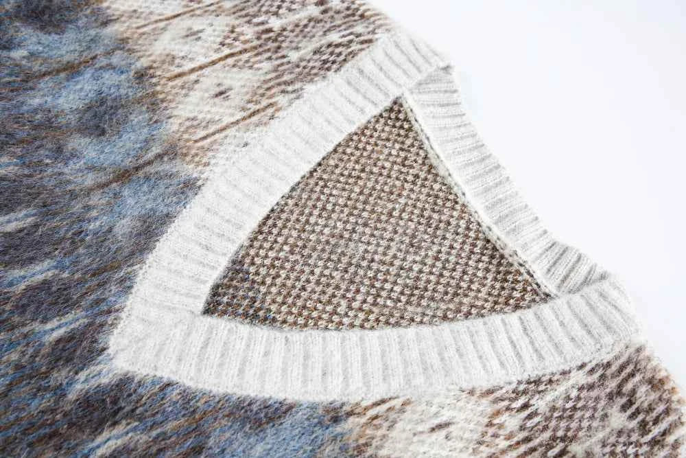 Jacquard Mohair Knitted V-Neck Sleevless Sweater