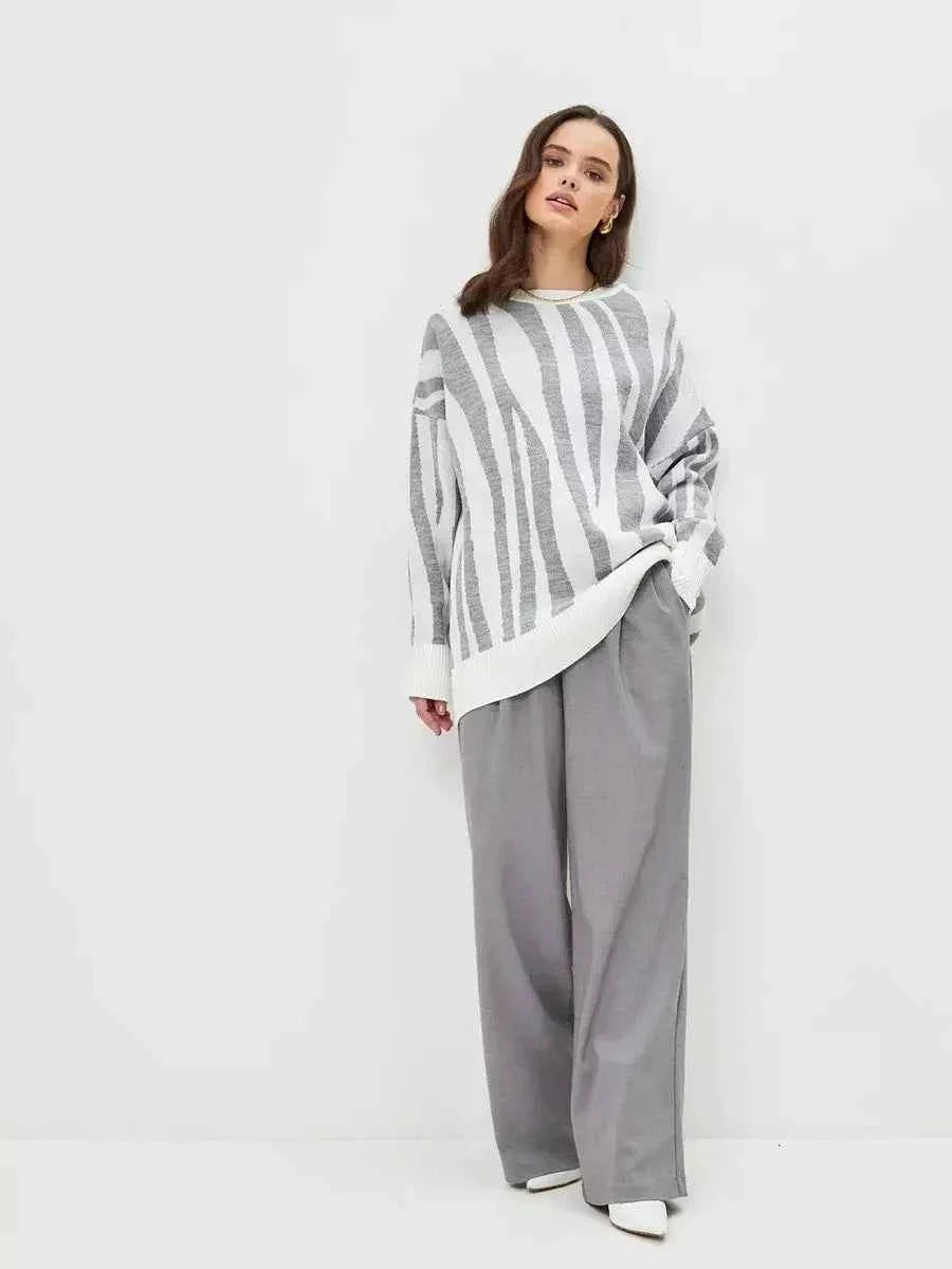 Women Striped Oversized Knitted Pullover Sweater