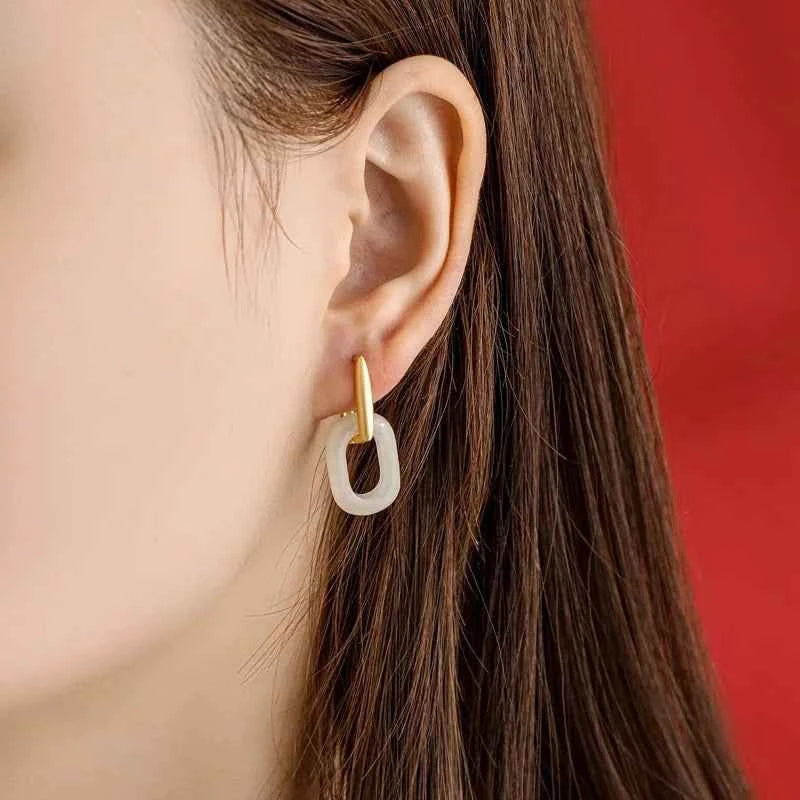 Gold Hetian Jade Geometric Irregular Earrings