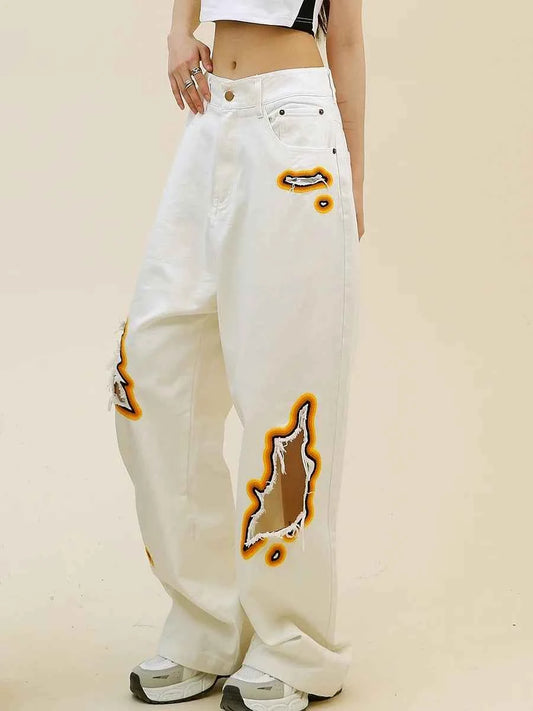 Womens Retro Flame Loose Ripped Jeans