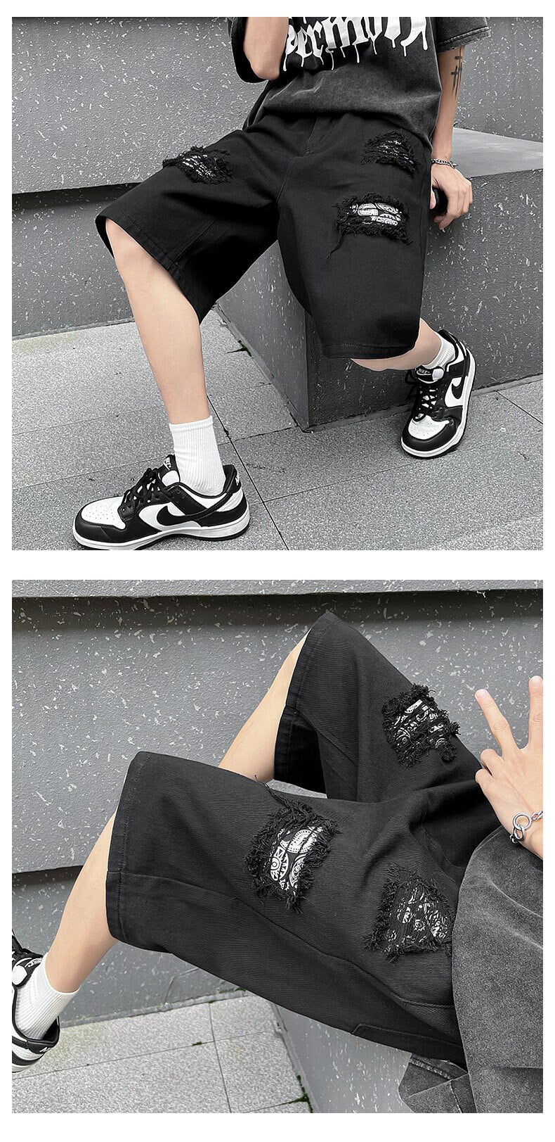 Ripped Hole Patchwork Knee Length Shorts