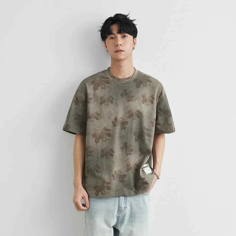 Men's Streetwear Retro Ink Dye Maple Leaf T-Shirt