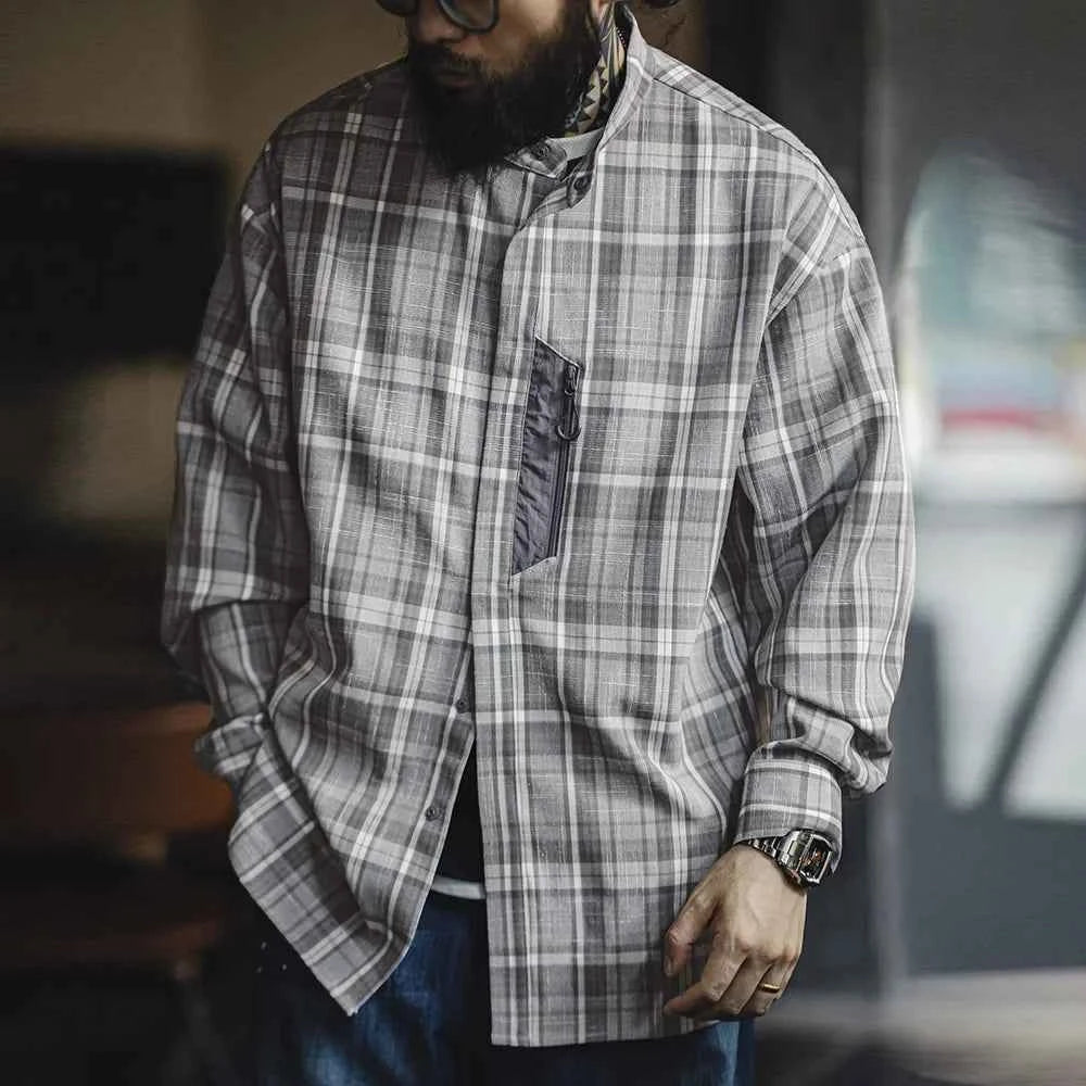 Vintage Retro Plaid Stand Collar Casual Shirt