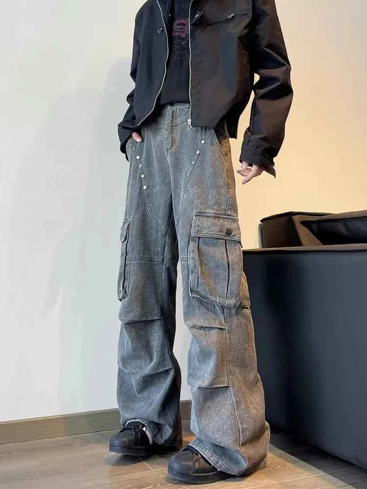 Y2K Streetwear Vintage Cyber Gray Pleated Baggy Jeans