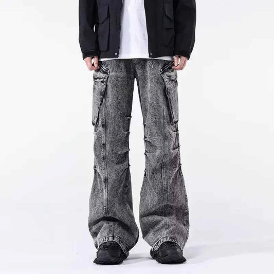 Minimal Look Gray Pleated Cargo Jeans