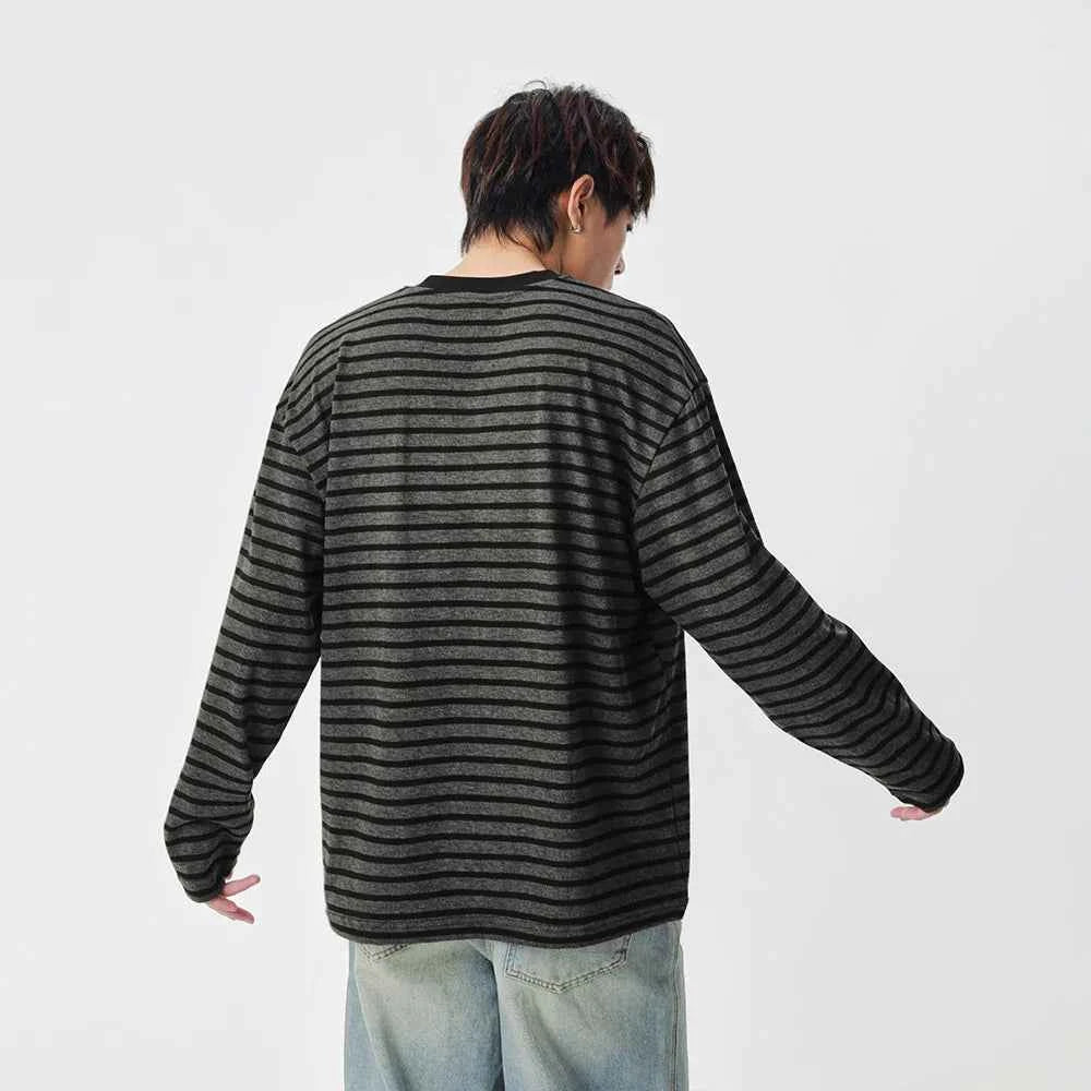 Striped Notch Neck Casual Long Sleeve T-Shirt