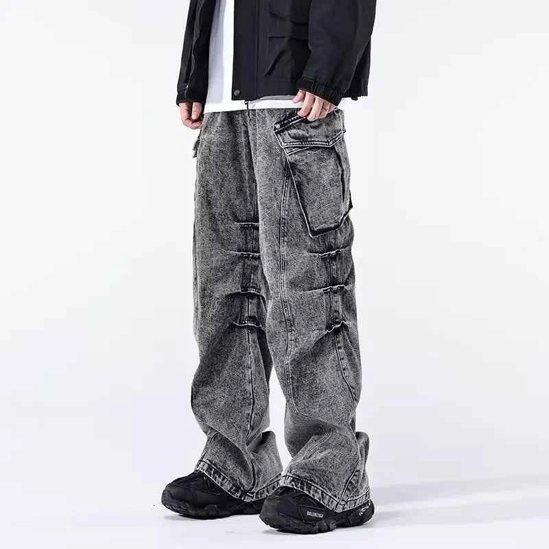 Minimal Look Gray Pleated Cargo Jeans