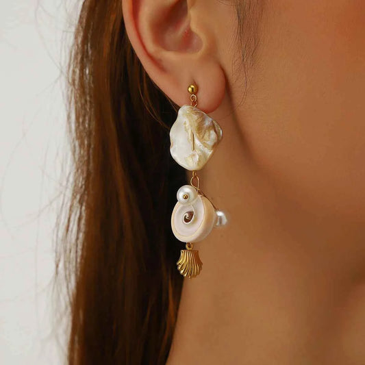 Irregular Stone Conch Pearl Earrings