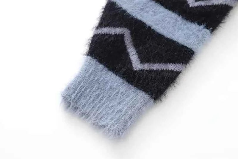 Women Retro V-Neck Collar Mohair Striped Cardigan